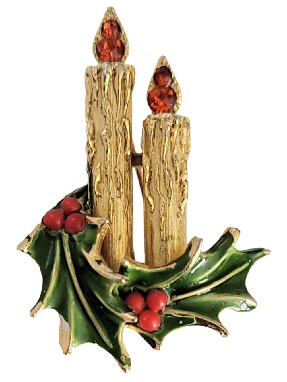 ART Arthur Pepper Gold Tone Rhinestone Enamel Christmas Holly Candle Brooch Pin